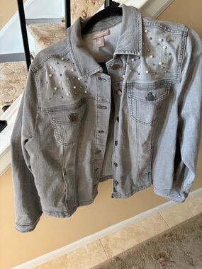 Chico's Light Gray Pearl-Studded Jean Jacket size 2 Large (12-14)!
